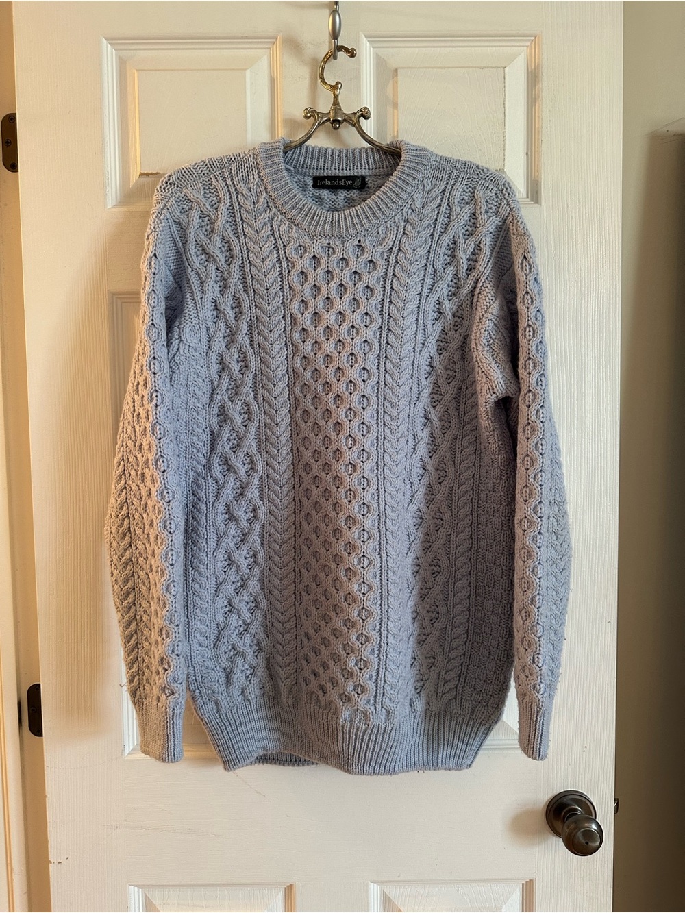 100% Wool Light Blue Cable Crewneck Sweater
